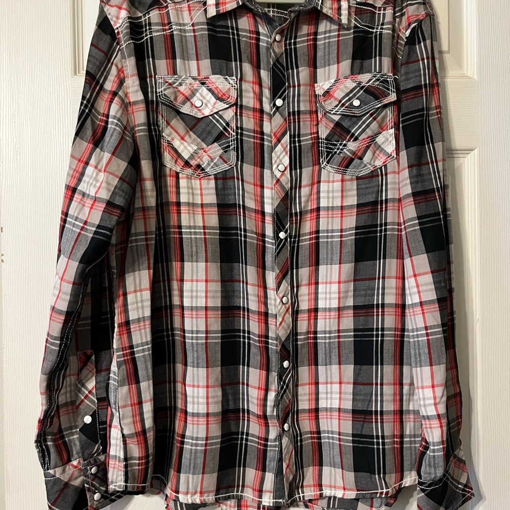 BKE Men's Casual Plaid Shirt - Black, Red, White